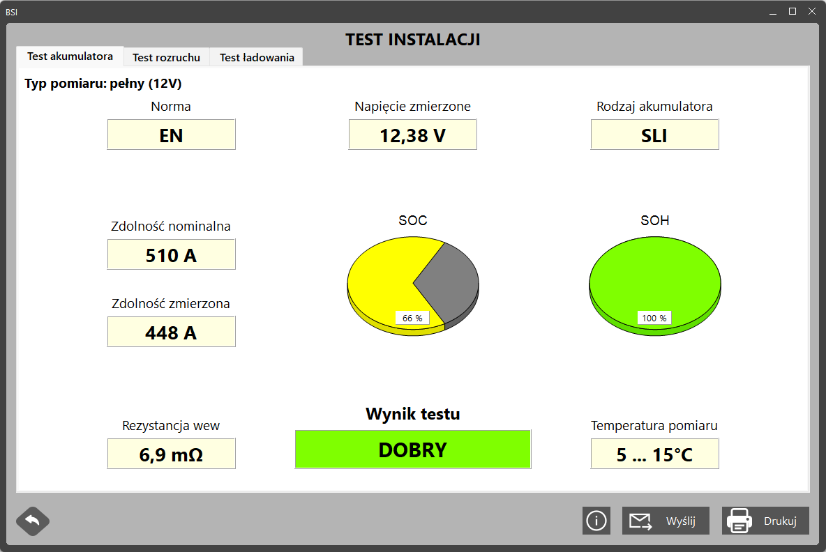DBT12+ zrzut ekranu z przeprowadzonego testu SOH, SOC, CCA akumulatora, rezystancji wewnętrznej dla akumulatora z ciekłym elektrolitem